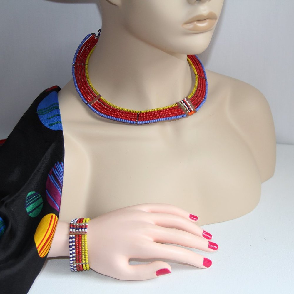 Vintage Tribal African Maasai Bead Collar Bracelet Set
